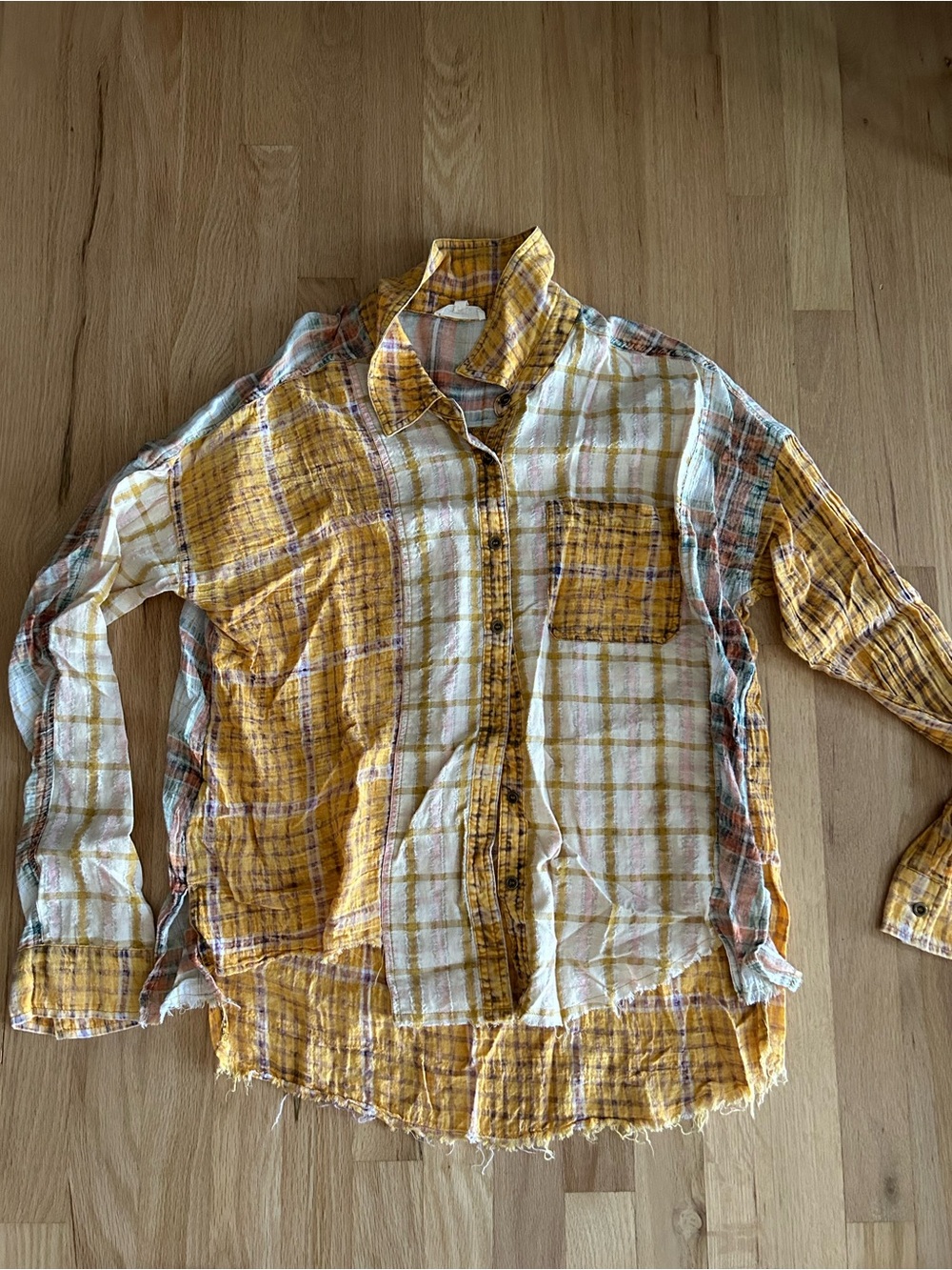Mystree Yellow & White Plaid Cotton Raw Hem Flannel Button Up Shirt medium - Picture 2 of 11